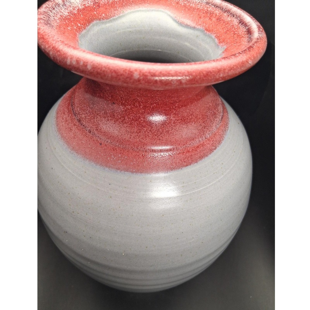 Studio Pottery Ribbed Vase Red Grey‎ Two Tone Glaze Handmade 12.5 Inch Artisan